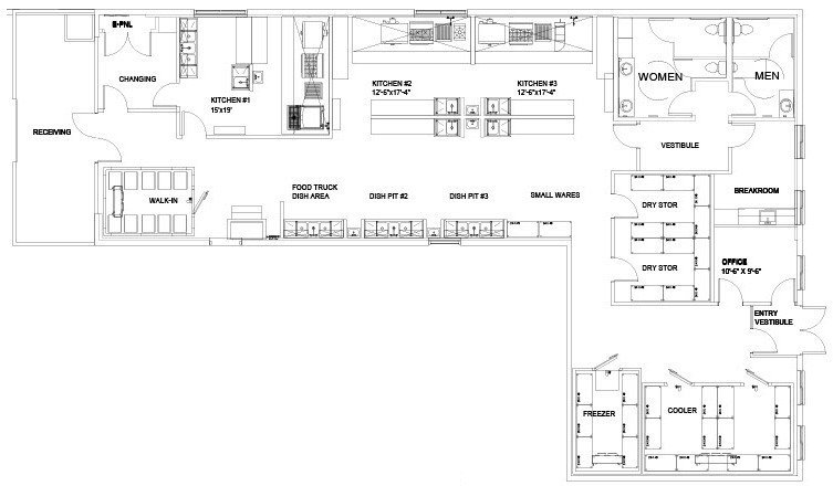Plano de la comisaría de The Kitchen Terminal en Camarillo, con la distribución de cocinas y estaciones de preparación.